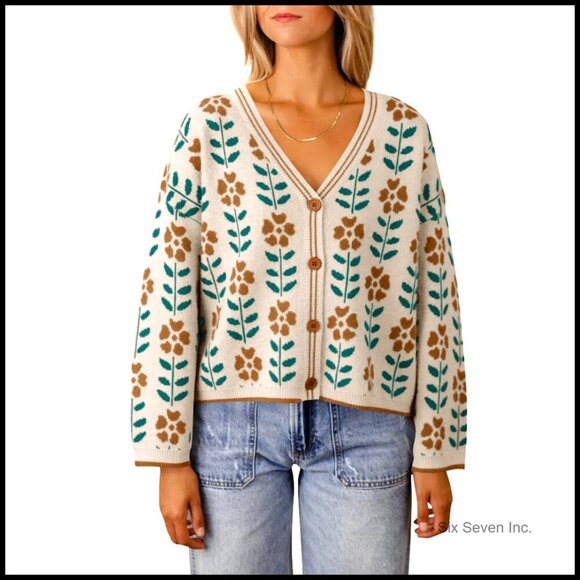 Sweaters - Floral Print V-Neck Cardigan Open Front Button Down Knit Sweater Long Sleeve
